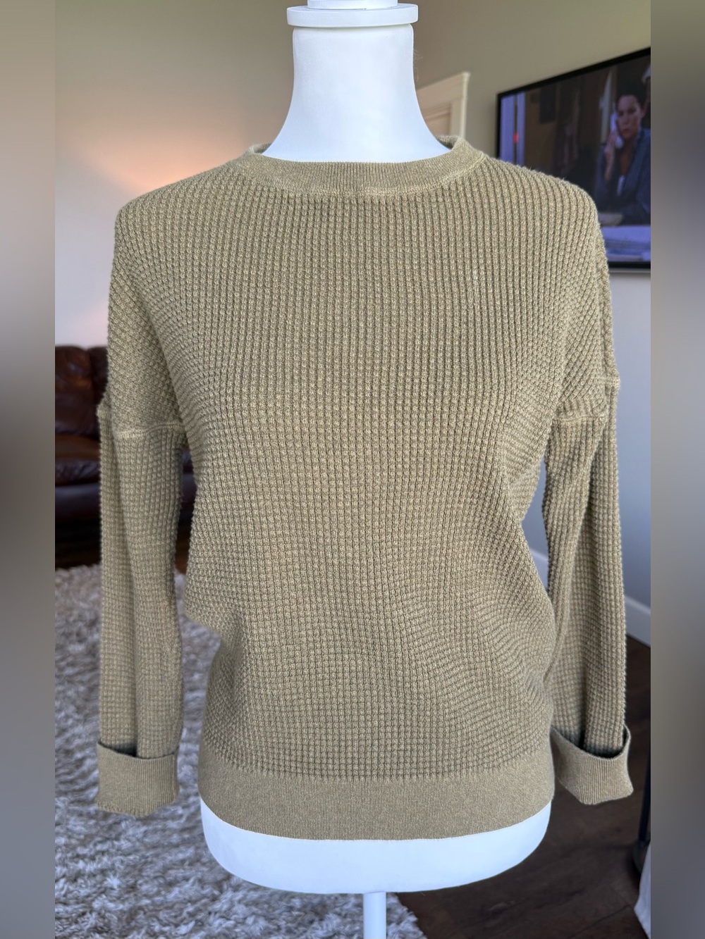 REI Coop 100% Cotton Waffle Crewneck Women's Long Sleeve Pullover in Olive XS